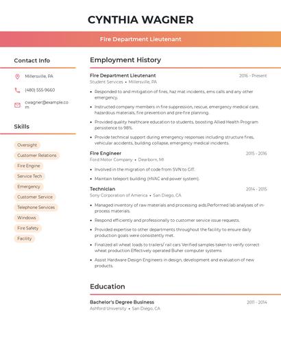 Fire Department Lieutenant Resume