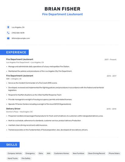 Fire Department Lieutenant Resume