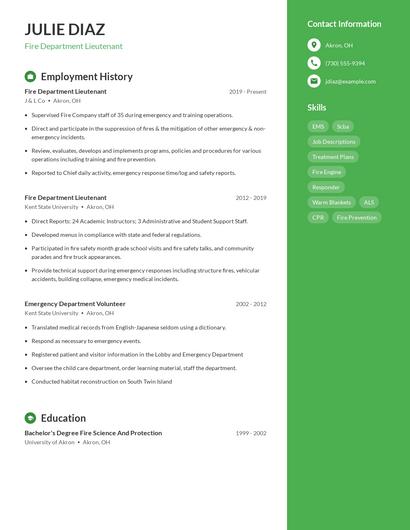 Fire Department Lieutenant Resume