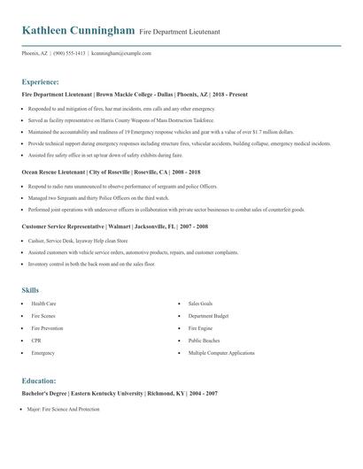 Fire Department Lieutenant Resume