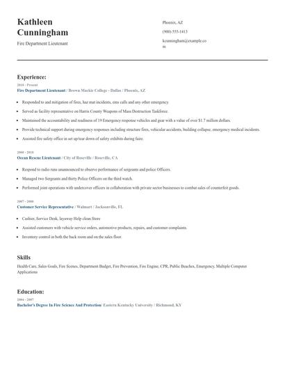 Fire Department Lieutenant Resume