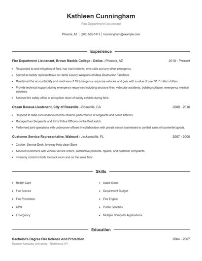Fire Department Lieutenant Resume