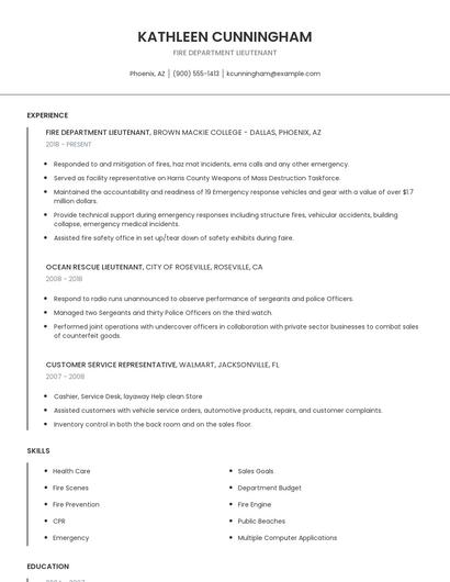Fire Department Lieutenant Resume