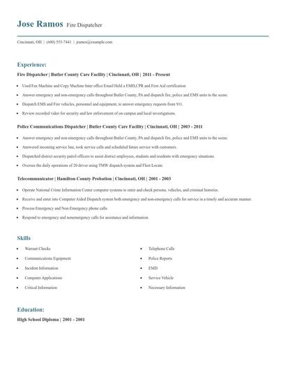Fire Dispatcher Resume