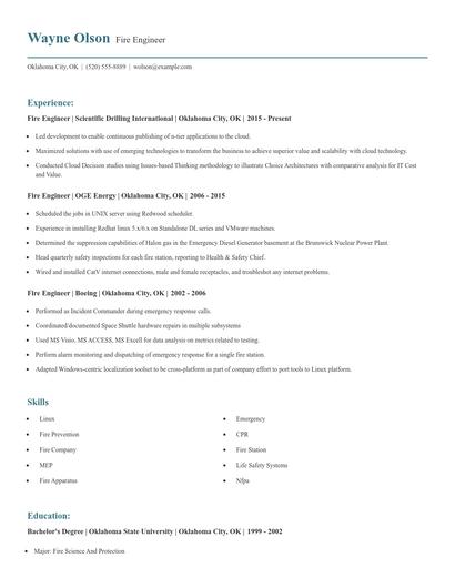 Fire Engineer Resume