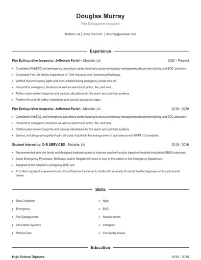 Fire Extinguisher Inspector Resume