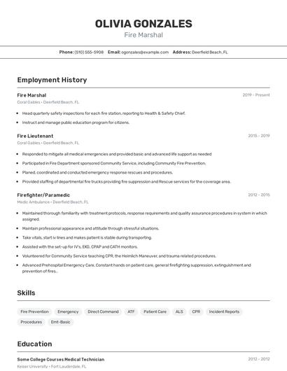 Fire Marshal Resume