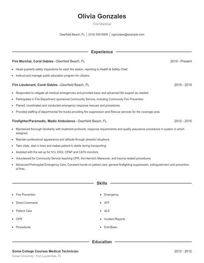 Fire Marshal Resume