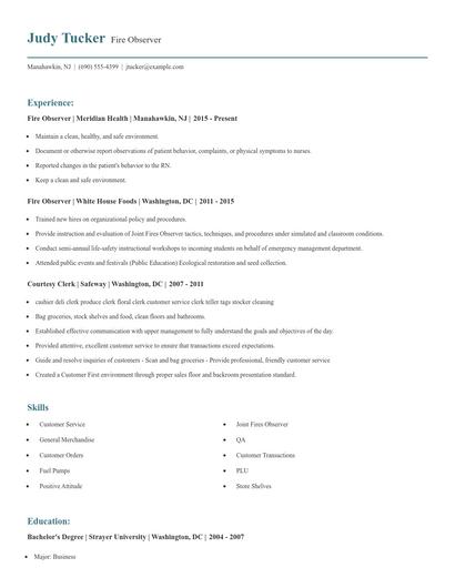 Fire Observer Resume