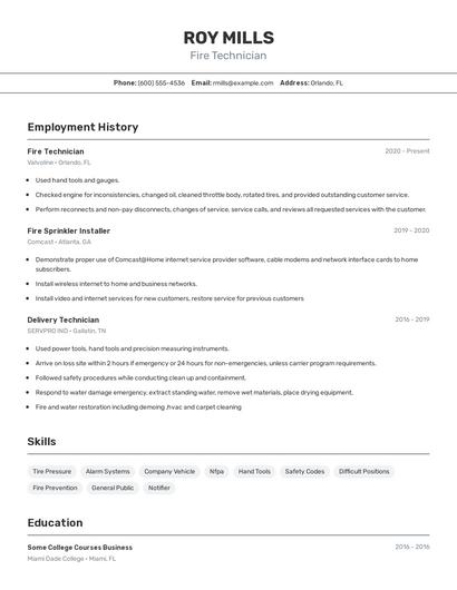 Fire Technician Resume