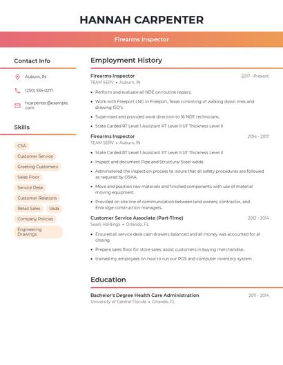 Firearms Inspector Resume