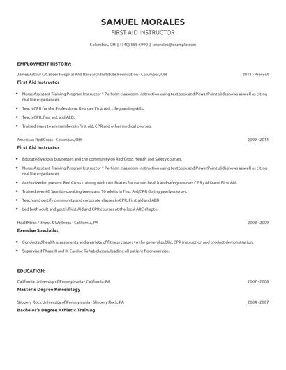 First Aid Instructor Resume