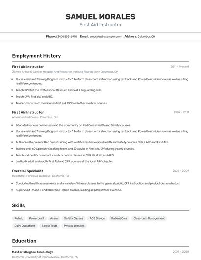 First Aid Instructor Resume