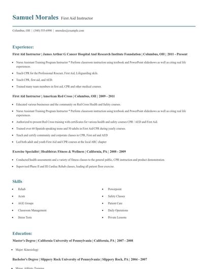 First Aid Instructor Resume