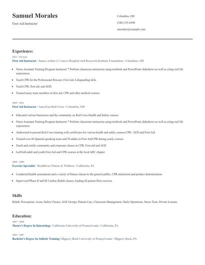 First Aid Instructor Resume