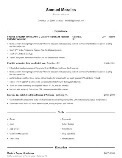 First Aid Instructor Resume