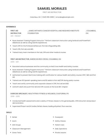 First Aid Instructor Resume