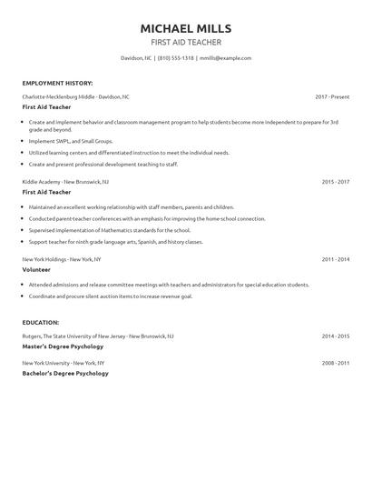 First Aid Teacher Resume