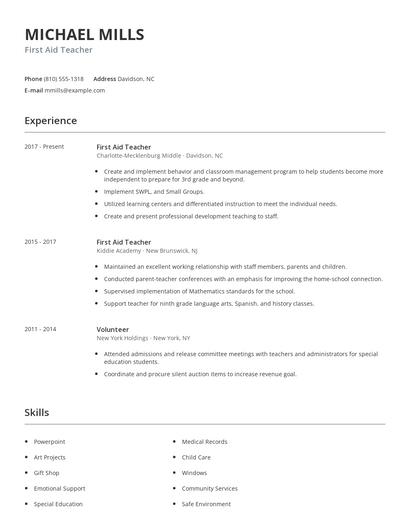 First Aid Teacher Resume