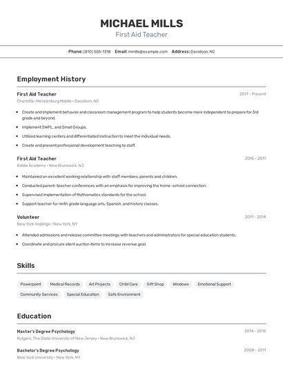 First Aid Teacher Resume