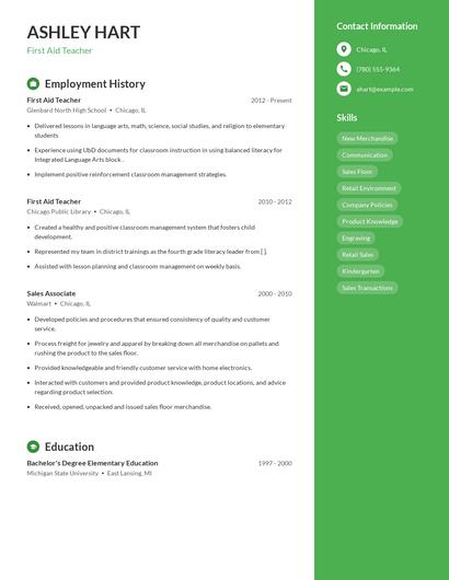 First Aid Teacher Resume