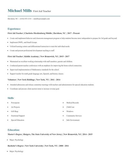 First Aid Teacher Resume