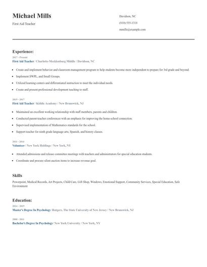 First Aid Teacher Resume