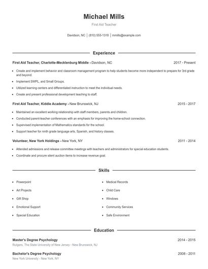 First Aid Teacher Resume