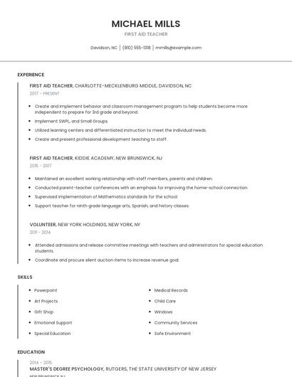 First Aid Teacher Resume