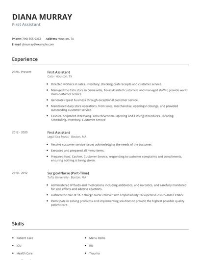First Assistant Resume