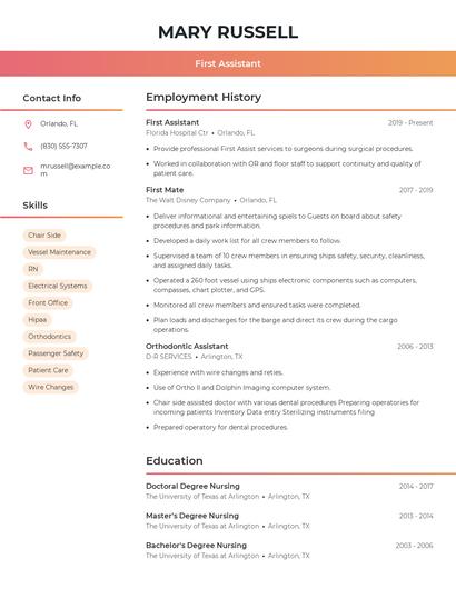 First Assistant Resume