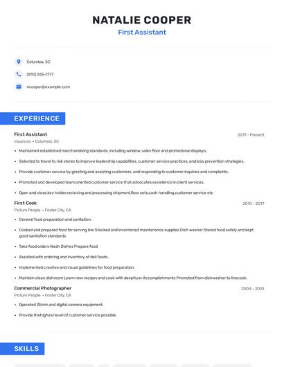 First Assistant Resume