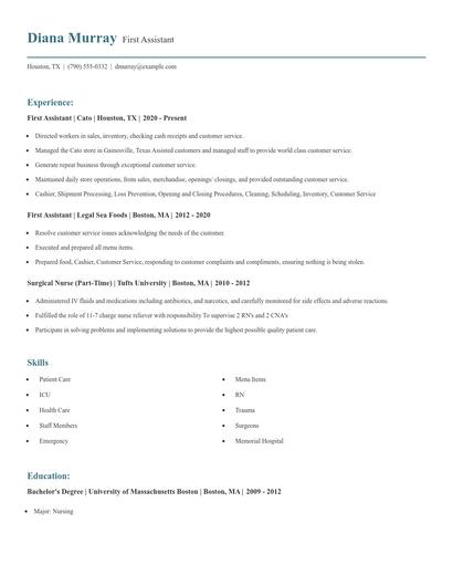 First Assistant Resume