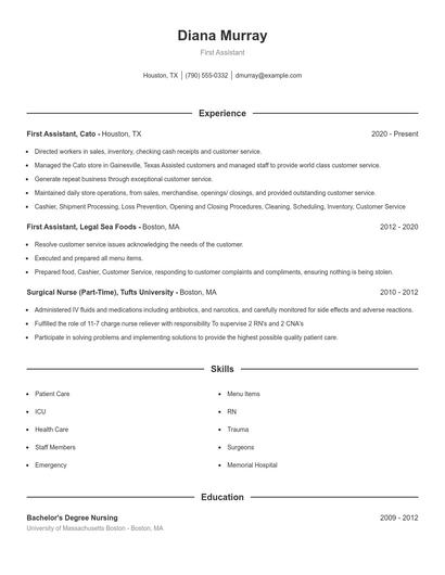 First Assistant Resume