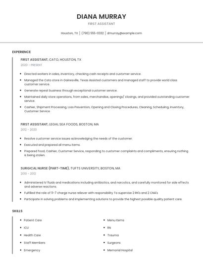 First Assistant Resume