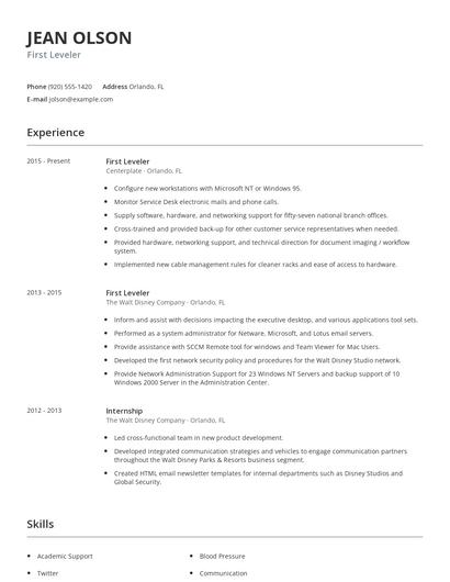 First Leveler Resume