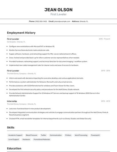 First Leveler Resume