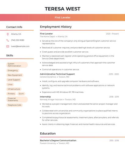 First Leveler Resume