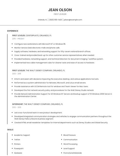 First Leveler Resume