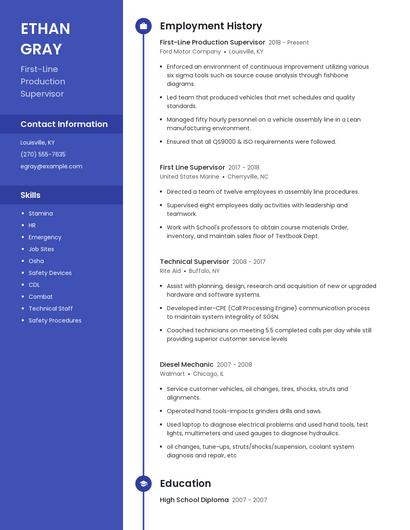 First-Line Production Supervisor Resume