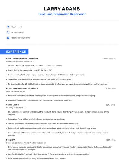 First-Line Production Supervisor Resume