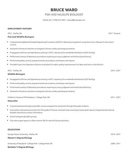 Fish And Wildlife Biologist Resume