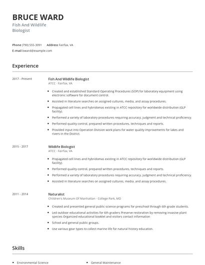 Fish And Wildlife Biologist Resume
