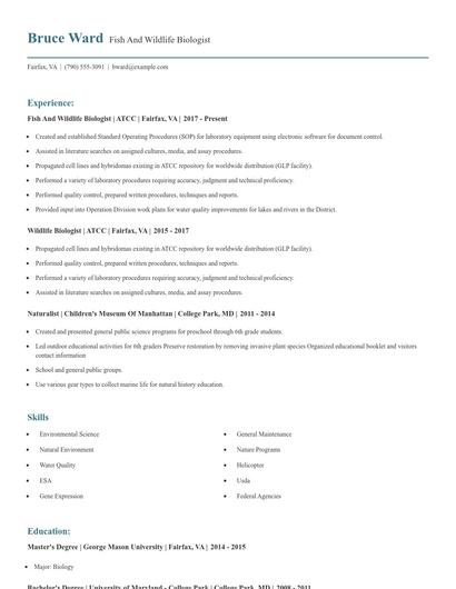 Fish And Wildlife Biologist Resume