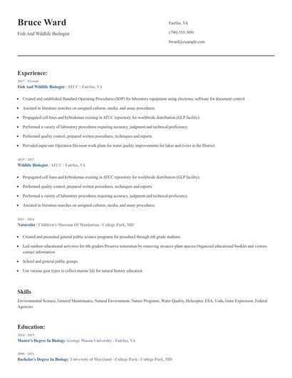 Fish And Wildlife Biologist Resume