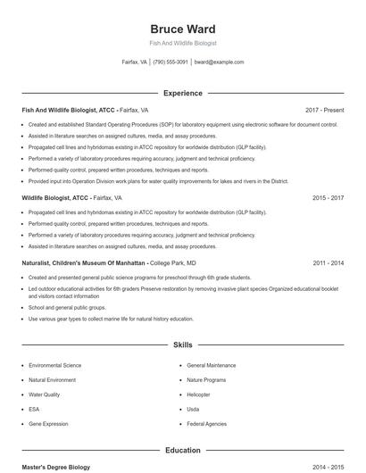 Fish And Wildlife Biologist Resume