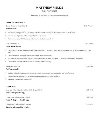 Fish Culturist Resume