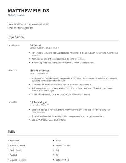 Fish Culturist Resume