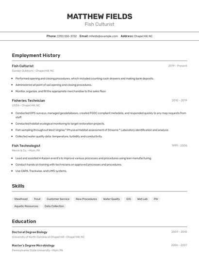 Fish Culturist Resume