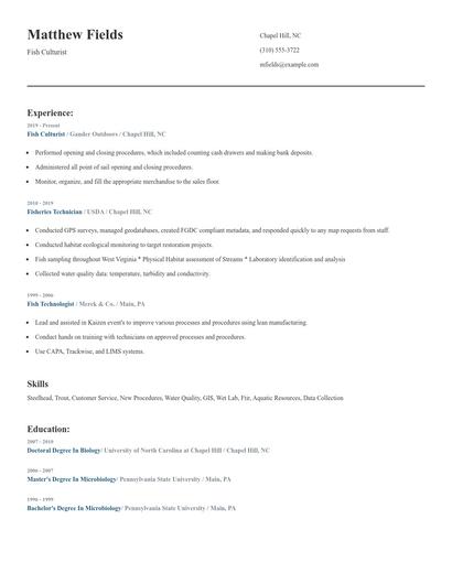 Fish Culturist Resume